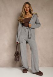 Ciemnoszary Komplet z Wełną i Bawełną Rozpinana Bluza z Kapturem i Szerokie Spodnie Reisema. Szare bluzy Renee, s, bez wzorów, z bawełny, z kapturem. Za 119.99 zł.