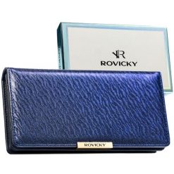 Granatowy portfel damski ze skóry ekologicznej wyposażony w system RFID - Rovicky. Niebieskie portfele ROVICKY, bez wzorów, ze skóry ekologicznej. Za 79.99 zł.