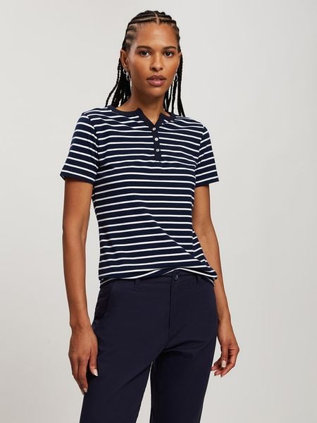 Cross Jeans Koszulka w kolorze granatowo-białym rozmiar: M. Białe bluzki Cross Jeans, m, bez wzorów, z jeansu, bez kołnierzyka, bez ramiączek. Za 52.55 zł.