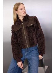 Trendyol Kurtka pluszowa w kolorze ciemnobrązowym rozmiar: XS. Brązowe kurtki Trendyol, xs, bez wzorów, bez kaptura. Za 86.99 zł.