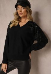 Czarny Sweter o Kroju Nietoperza Ozdobiony Cekinami i Cyrkoniami Nevarraea. Czarne swetry Renee, z aplikacjami, z jeansu, bez ramiączek. Za 119.99 zł.