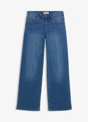 Dżinsy wide leg, średni stan, z bawełny organicznej. Niebieskie jeansy bonprix, bez wzorów. Za 169.99 zł.