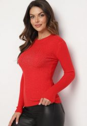 Czerwony Sweter Prążkowany z Cyrkoniami Romivra. Czerwone swetry Born2be, uniwersalny, bez wzorów, z jeansu, bez ramiączek. Za 44.99 zł.