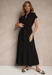 Czarna Koszulowa Sukienka z Wiskozy z Paskiem Rinaira. Czarne sukienki Renee, na co dzień, l, bez wzorów, z materiału, eleganckie, bez kołnierzyka, bez ramiączek, maxi, koszulowe. Za 99.99 zł.
