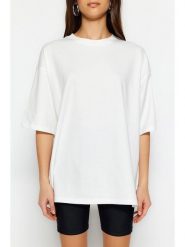 Trendyol Koszulka w kolorze kremowym rozmiar: XS. Brązowe bluzki Trendyol, xs, bez wzorów, z bawełny, bez kołnierzyka, bez ramiączek. Za 39.99 zł.