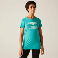 Koszulka turystyczna damska Fingal Stretch. Niebieskie bluzki Regatta, bez wzorów, z elastanu, sportowe, bez kołnierzyka, bez ramiączek. Za 140.00 zł.