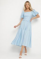 Niebieska Sukienka Rozkloszowana z Wiskozy z Kwadratowym Dekoltem i Drapowaniem Napessia. Niebieskie sukienki Born2be, na co dzień, l, bez wzorów, z wiskozy, eleganckie, bez kołnierzyka, bez ramiączek, midi, rozkloszowane. Za 119.99 zł.