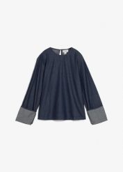 Bluzka dżinsowa z szerokim rękawem. Niebieskie bluzki bonprix, bez wzorów, z bawełny, bez kołnierzyka, bez ramiączek. Za 149.99 zł.