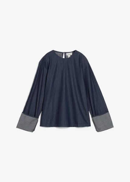 Bluzka dżinsowa z szerokim rękawem. Niebieskie bluzki bonprix, bez wzorów, z bawełny, bez kołnierzyka, bez ramiączek. Za 149.99 zł.