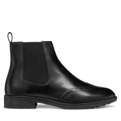 Sztyblety Geox. Czarne botki Geox, bez wzorów, bez obcasa, na płaskiej podeszwie, bez zapięcia. Za 499.99 zł.