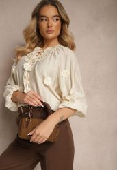 Beżowa Wiskozowa Koszula Zdobiona Wiązaniem i Aplikacjami z Kwiatami Belinea. Brązowe koszule Renee, z aplikacjami, z jeansu, eleganckie, bez kołnierzyka, bez ramiączek. Za 64.99 zł.