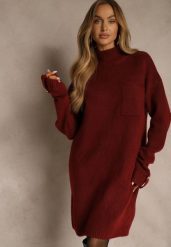 Bordowa Sukienka z Półgolfem z Dzianiny z Wiskozą i Dodatkiem Wełny Nessla. Czerwone sukienki Renee, na co dzień, s, bez wzorów, z dzianiny, eleganckie, bez kołnierzyka, bez ramiączek, mini. Za 139.99 zł.