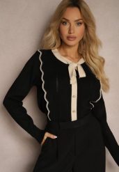 Czarny Sweter z Wiskozą z Ozdobnymi Guzikami i Kokardą w Stylu Retro Miaraine. Czarne swetry Renee, bez wzorów, z jeansu, bez ramiączek. Za 109.99 zł.