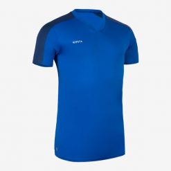 Koszulka do piłki nożnej z krótkim rękawem Kipsta Essential. Niebieskie bluzki KIPSTA, l, bez wzorów, z materiału, sportowe, bez kołnierzyka, bez ramiączek. Za 34.99 zł.