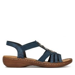 Sandały Rieker. Niebieskie sandały Rieker, bez wzorów, bez obcasa, na płaskiej podeszwie, bez zapięcia. Za 239.99 zł.