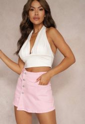 Różowe Denimowe Szorty Imitujące Spódnicę z Bawełny High Waist Nellmina. Czerwone szorty Renee, bez wzorów, z bawełny, z podwyższonym stanem. Za 79.99 zł.