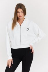 CALVIN KLEIN Biała damska rozpinana bluza z kapturem, Rozmiar M. Białe bluzy sportowe Calvin Klein, m, bez wzorów, z bawełny, z kapturem. W wyprzedaży za 359.99 zł.