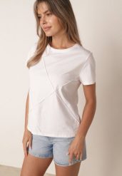 Biały Klasyczny T-shirt z Bawełny Zdobiony Przeszyciami w Romby Onissa. Białe t-shirty Born2be, l, z aplikacjami, z bawełny, bez kołnierzyka, bez ramiączek. Za 49.99 zł.