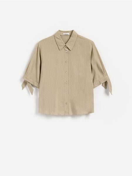 Koszula z dodatkiem lnu - khaki. Brązowe koszule Reserved, l, bez wzorów, z wiskozy, bez kołnierzyka, bez ramiączek. W wyprzedaży za 55.99 zł.