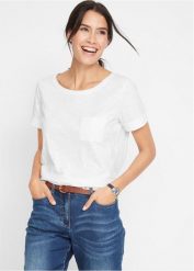 Długi T-shirt z czystej bawełny organicznej. Białe t-shirty bonprix, bez wzorów, z bawełny, bez kołnierzyka, bez ramiączek. Za 37.99 zł.