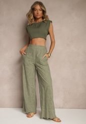 Zielone Bawełniane Haftowane Spodnie High Waist o Szerokim Kroju Milirelia. Zielone spodnie materiałowe Renee, na co dzień, l, z aplikacjami, z bawełny, z podwyższonym stanem. Za 89.99 zł.