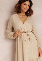 Beżowa Sukienka Iphina. Brązowe sukienki Renee, l, z aplikacjami, z materiału, eleganckie, bez kołnierzyka, bez ramiączek, mini, kopertowe. Za 89.99 zł.