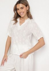 Biała Bawełniana Bluzka z Haftowanej Tkaniny Ziavelle. Białe bluzki Born2be, m, bez wzorów, z bawełny, eleganckie, bez kołnierzyka, bez ramiączek. W wyprzedaży za 67.99 zł.