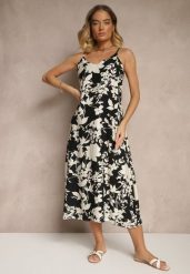Czarno-Kremowa Sukienka z Wiskozą o Rozkloszowanym Kroju w Kwiaty Thirimi. Czarne sukienki Renee, na co dzień, l, bez wzorów, z wiskozy, eleganckie, bez kołnierzyka, bez ramiączek, maxi, rozkloszowane. Za 49.99 zł.