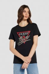 GUESS Czarny damski t-shirt bawełniany Love Tee, Rozmiar M. Czarne t-shirty Guess, m, z aplikacjami, z bawełny, bez kołnierzyka, bez ramiączek. W wyprzedaży za 99.99 zł.