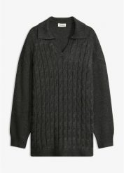 Sweter oversize z warkoczowym splotem. Brązowe swetry bonprix, bez wzorów, prążkowane, bez ramiączek. Za 134.99 zł.