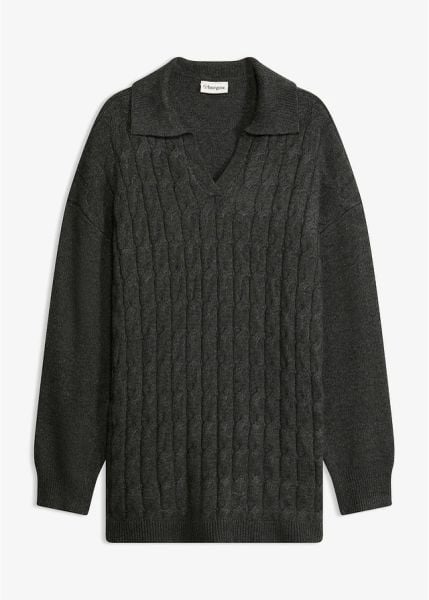 Sweter oversize z warkoczowym splotem. Brązowe swetry bonprix, bez wzorów, prążkowane, bez ramiączek. Za 134.99 zł.