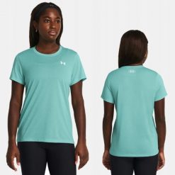 T-Shirt Damski Koszulka Under Armour Sportowa Treningowa. Niebieskie koszulki sportowe Under Armour, bez wzorów, bez ramiączek, do biegania. Za 149.99 zł.
