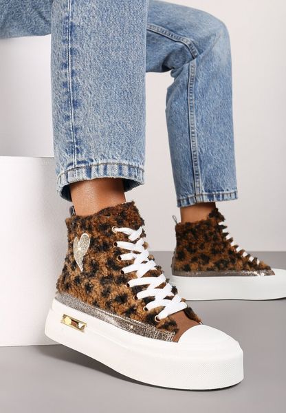 Brązowe Trampki za Kostkę na Grubej Podeszwie Ozdobione Brokatem Neviliane. Brązowe trampki Born2be, z aplikacjami, z jeansu, za kostkę, bez zapięcia. Za 54.99 zł.