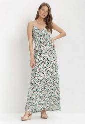 Miętowa Sukienka Idaphishae. Zielone sukienki Born2be, na lato, l, bez wzorów, z bawełny, bez kołnierzyka, bez ramiączek, maxi, kopertowe. Za 79.99 zł.
