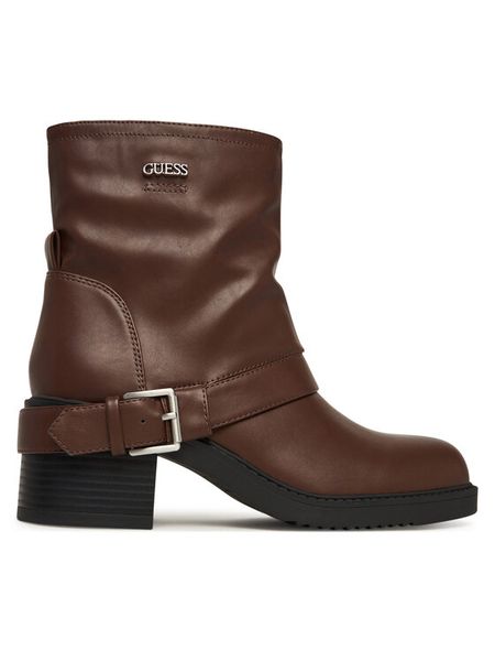 Guess Botki FLFIJI ELE10 Brązowy. Brązowe botki Guess, z aplikacjami, ze skóry, bez obcasa, na słupku, bez zapięcia. Za 539.99 zł.