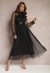 Czarna Siateczkowa Sukienka Maxi o Rozkloszowanym Kroju z Ozdobną Koronką Narile. Czarne sukienki Renee, m, bez wzorów, z koronki, eleganckie, bez kołnierzyka, bez ramiączek, maxi, rozkloszowane. Za 209.99 zł.