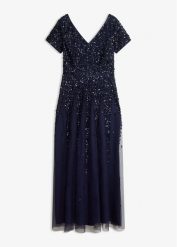Sukienka z cekinami. Niebieskie sukienki bonprix, bez wzorów, eleganckie, bez kołnierzyka, bez ramiączek. Za 319.99 zł.