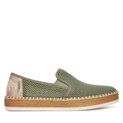 Espadryle Rieker. Zielone espadryle Rieker, bez wzorów, bez obcasa, na płaskiej podeszwie, bez zapięcia. Za 319.99 zł.