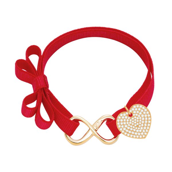 Bransoletka z nieskończonością i sercem na czerwonej wstążce. Czerwone bransoletki Lilou, z cyrkonią, pozłacane. Za 367.00 zł.