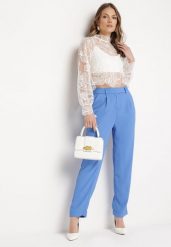 Niebieskie Eleganckie Spodnie z Wysokim Stanem z Prostymi Nogawkami i Gumką w Pasie Althema. Niebieskie spodnie materiałowe Born2be, na co dzień, l, bez wzorów, z jeansu, z podwyższonym stanem. Za 109.99 zł.