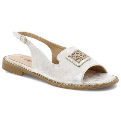 Sandały damskie S. Barski, na płaskim obcasie z eko skóry eleganckie z ozdobą, srebrne, KV51-082. Szare sandały S.BARSKI, z aplikacjami, ze skóry, eleganckie, bez obcasa, na płaskiej podeszwie, bez zapięcia. Za 99.99 zł.