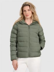 4F Kurtka puchowa z wypełnieniem naturalnym damska - oliwkowa/khaki XXL. Brązowe kurtki sportowe 4f, na wiosnę, xs, bez wzorów, z dzianiny, z kapturem. Za 599.99 zł.