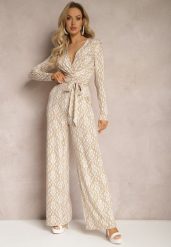 Beżowy Kopertowy Kombinezon z Paskiem w Talii i Ozdobnym Wzorem Mirannda. Brązowe sukienki Renee, l, bez wzorów, z materiału, eleganckie, bez kołnierzyka, bez ramiączek, kopertowe. Za 119.99 zł.