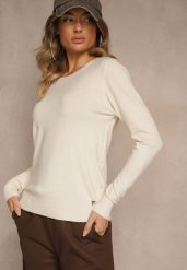 Beżowy Gładki Sweter w Minimalistycznym Stylu Tevra. Brązowe swetry Renee, l, bez wzorów, z jeansu, bez ramiączek. Za 59.99 zł.