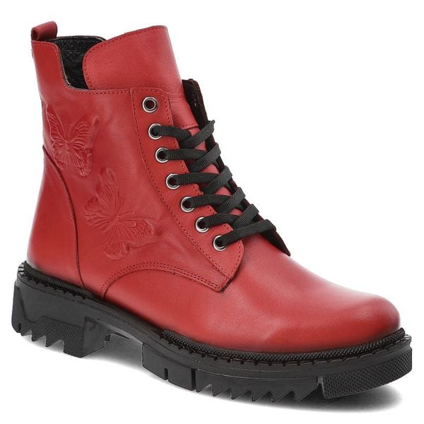Czerwone Botki Artiker Modne Skórzane Buty. Czerwone botki Artiker, bez wzorów, bez obcasa, bez zapięcia. Za 339.00 zł.