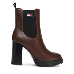 Botki Tommy Jeans. Brązowe botki Tommy Jeans, bez wzorów, z jeansu, bez obcasa, na słupku, bez zapięcia. Za 699.99 zł.