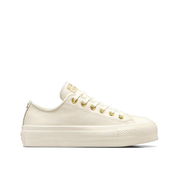 Buty CONVERSE CHUCK TAYLOR ALL STAR PLATFORM GOLDEN HITS Biały. Brązowe trampki Converse, bez wzorów, ze skóry, bez zapięcia. Za 426.35 zł.