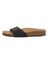 Birkenstock Klapki "Madrid Earthy Vegan" w kolorze czarnym rozmiar: 37. Czarne klapki Birkenstock, bez wzorów, z otwartym noskiem, bez obcasa. Za 315.50 zł.