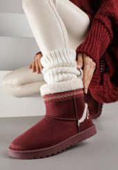 Bordowe Wsuwane Śniegowce Zdobione Futrem i Haftem Mevittia. Czerwone trapery i śniegowce Born2be, z jeansu. Za 109.99 zł.