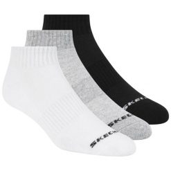 Skarpetki sportowe dla dorosłych 3pk Unisex Terry Qtr Crew. Białe skarpety Skechers, bez wzorów, z materiału. Za 44.99 zł.